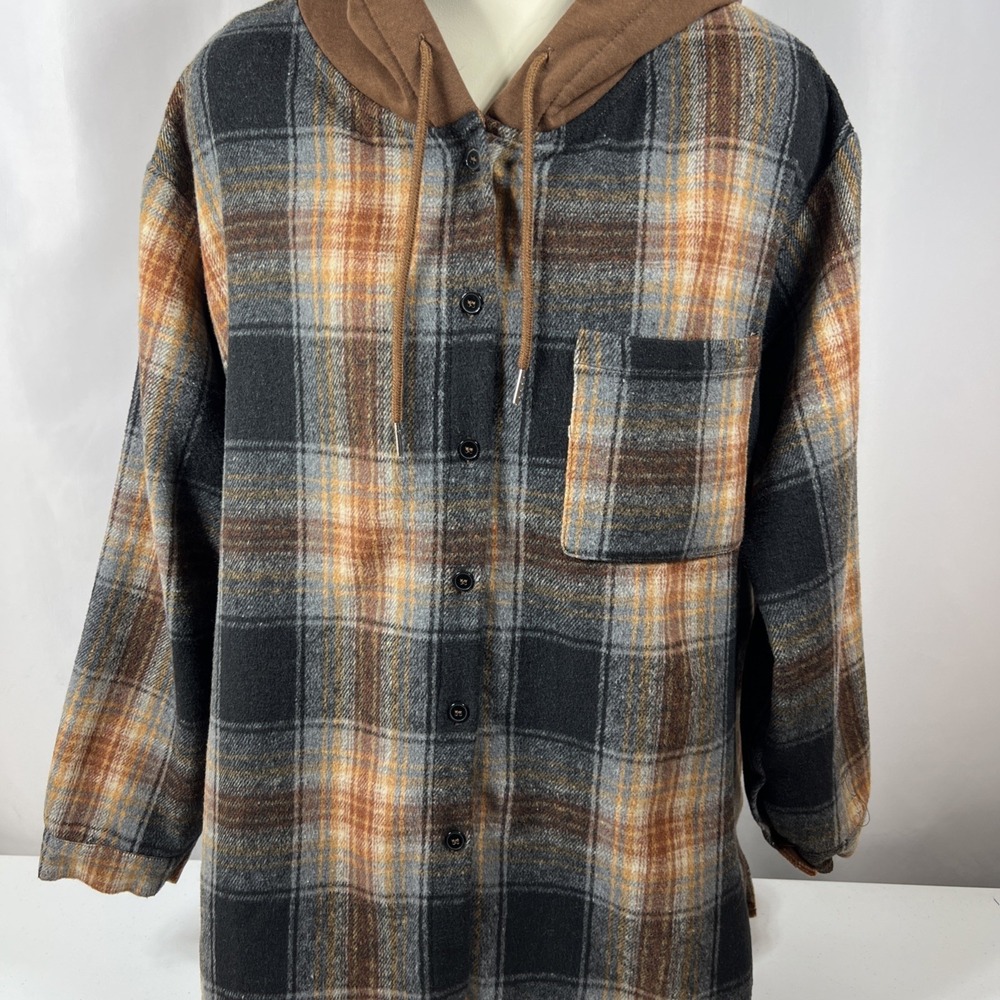 BiBi Flannel Oversized Brown Plaid Grunge Punk Hoodie Shacket Size‎ S